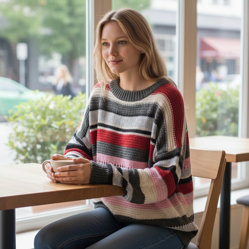Gloria Jeans Striped Sweater L Multi-Color New Knit Pullover Crew Neck Pointelle